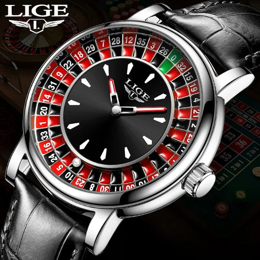 LIGE Men's Silver Watch European Roulette Table, Men's Watch Black Leather Strap, 3AM Waterproof, Analogue Quartz Luminous, Fashionable, Business Meeting