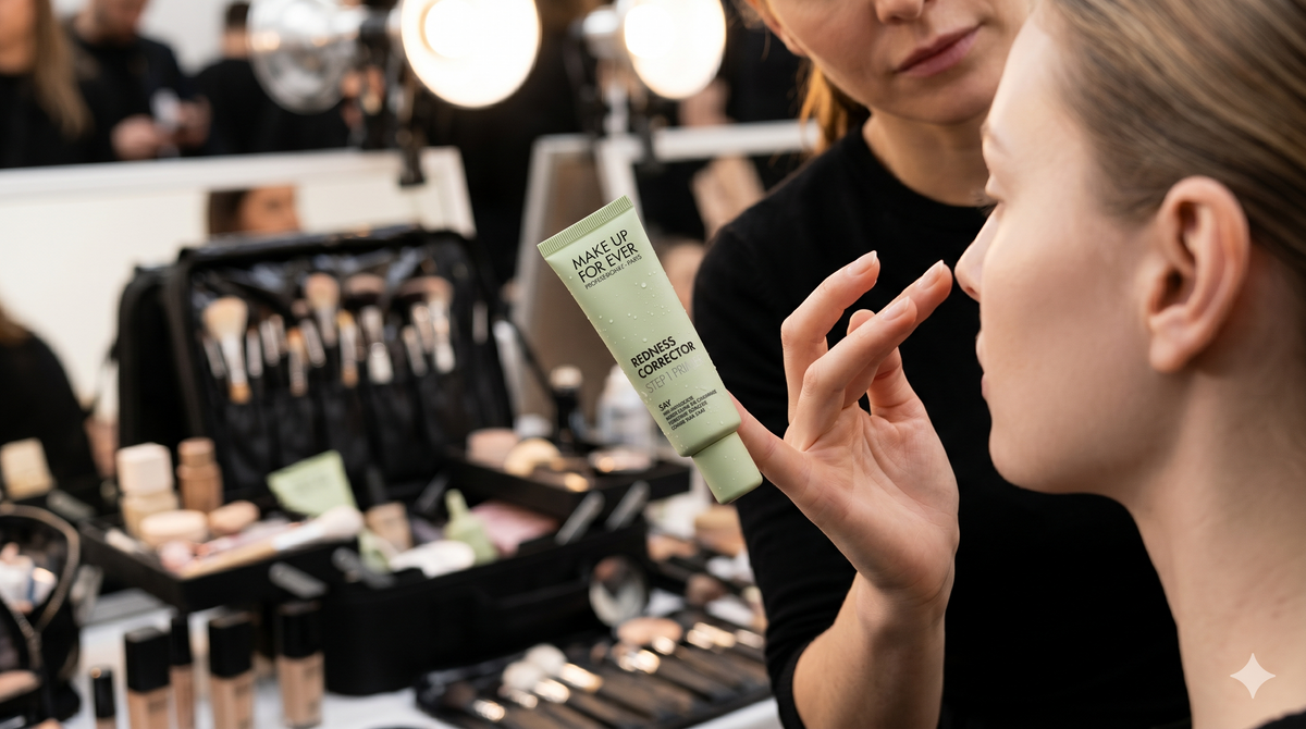 Demonstration of applying a small amount of the green color-correcting primer onto the face to reduce redness.