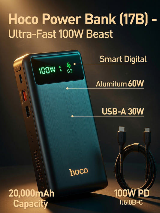 Hoco Power Bank (17B) – Ultra-Fast 100W Beast That Keeps You Powered Non-Stop!