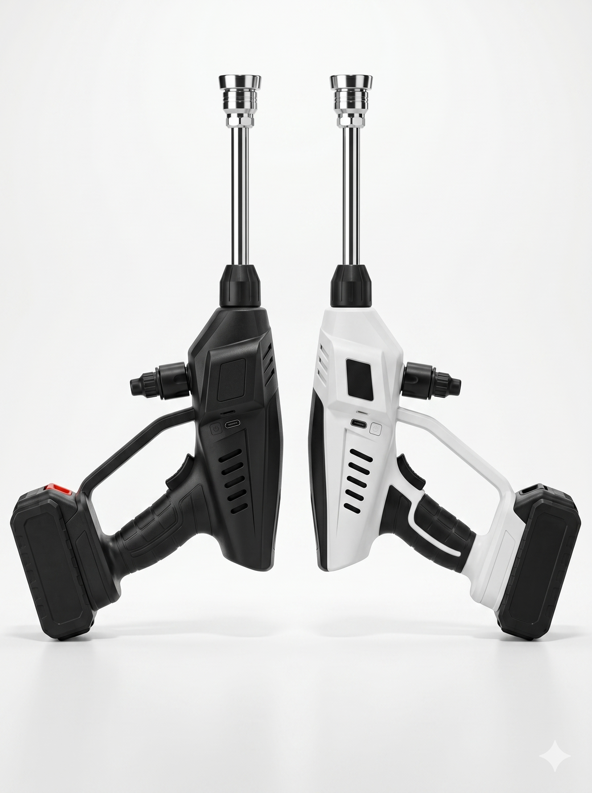 Two high-pressure cordless car washer guns, one in sleek matte black and one in minimalist white, showcasing the premium color options with long spray nozzles and detachable battery bases