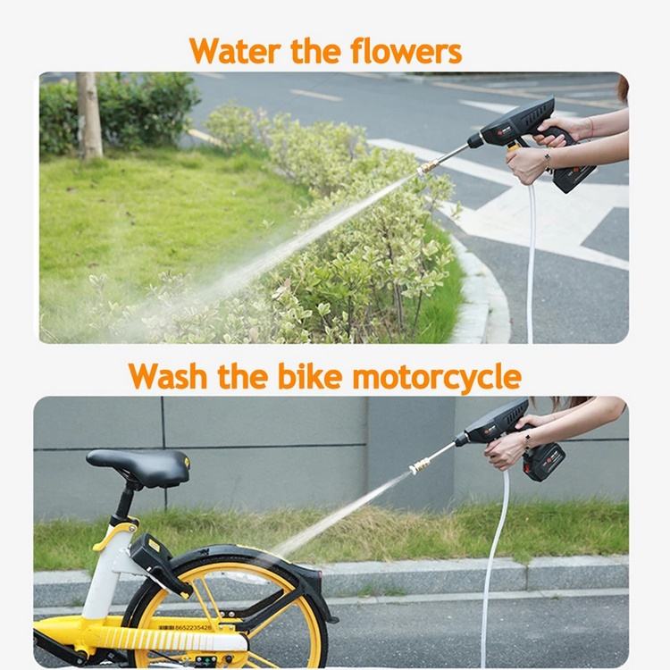 Two split images showing practical uses for a handheld cordless pressure washer, with the top image displaying a person watering garden flowers and the bottom image showing a person washing a yellow bicycle on a driveway.