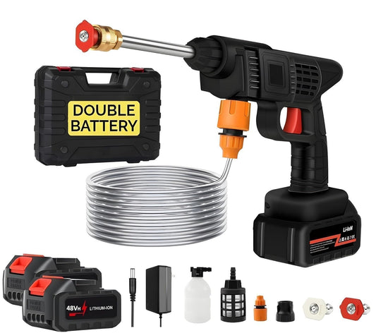 Portable cordless high-pressure washer gun kit including a black pressure washer, two 48Vh lithium-ion batteries, a coiled water hose, extension wand, filter, foam pot, charger, and a hard black storage case labeled Double Battery.