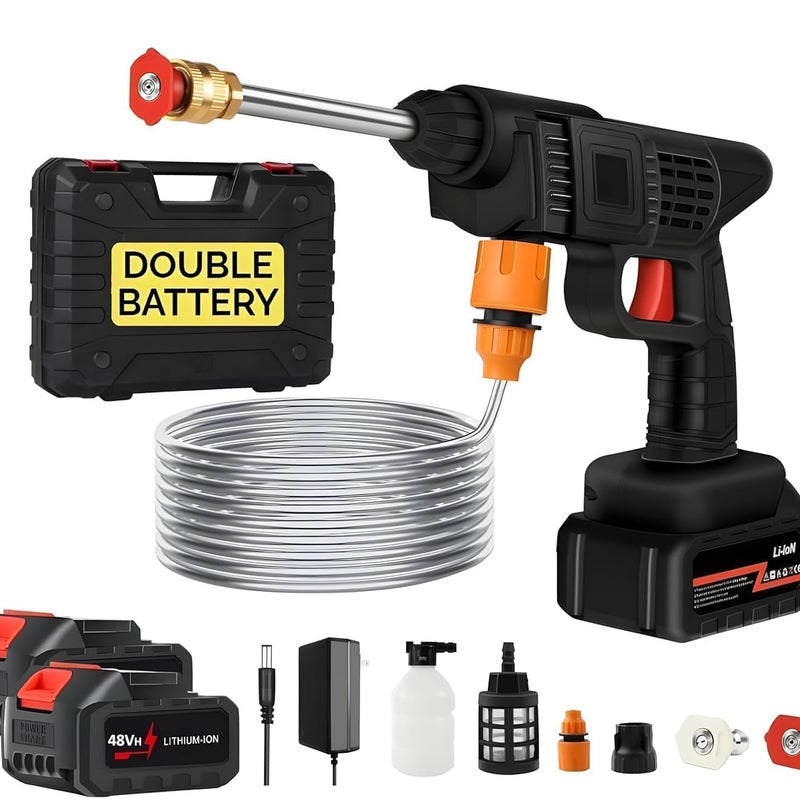 Portable cordless high-pressure washer gun kit including a black pressure washer, two 48Vh lithium-ion batteries, a coiled water hose, extension wand, filter, foam pot, charger, and a hard black storage case labeled Double Battery.