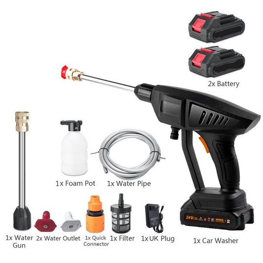 Product component breakdown diagram for a 24V cordless car washer gun, displaying labeled parts including 1x car washer, 2x battery, 1x foam pot, 1x water pipe, 1x water gun extension, 2x water outlets, 1x quick connector, 1x filter, and 1x UK plug.