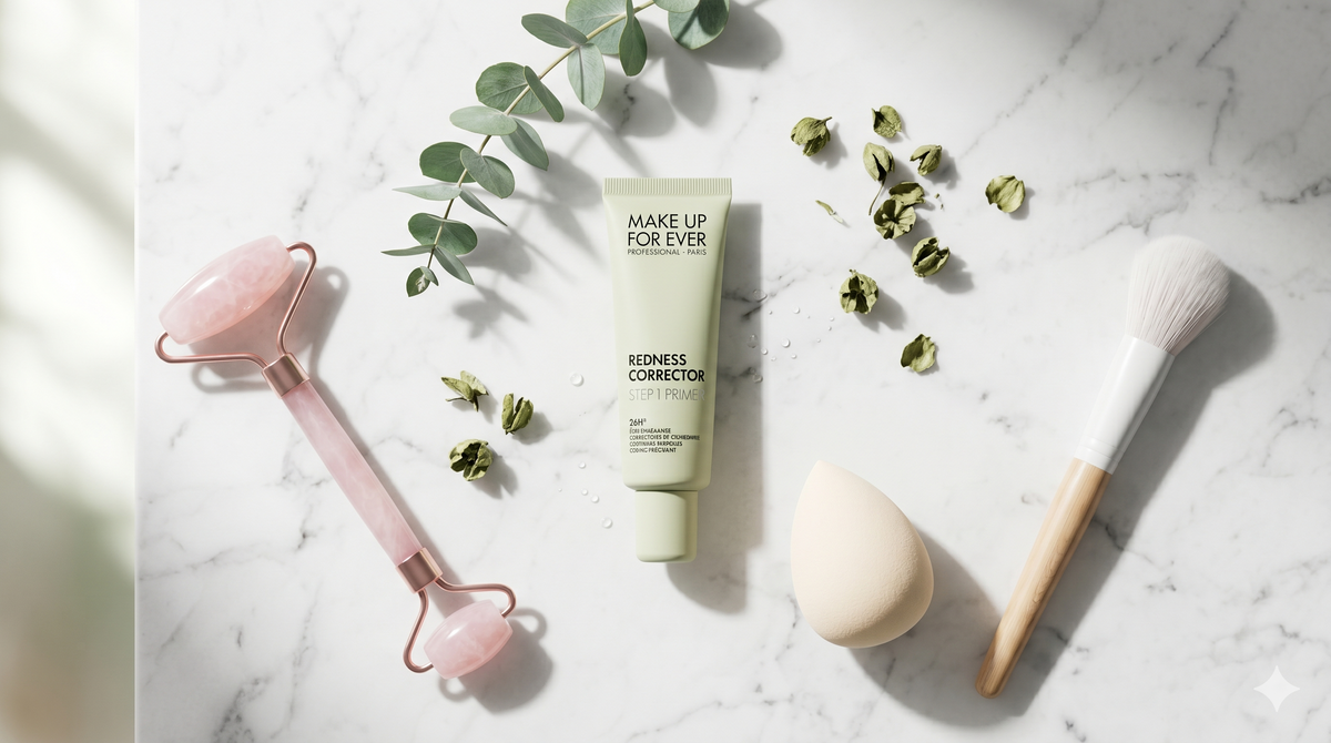 Back view of the light green tube packaging for MAKE UP FOR EVER Step 1 Redness Corrector Primer displaying product details.