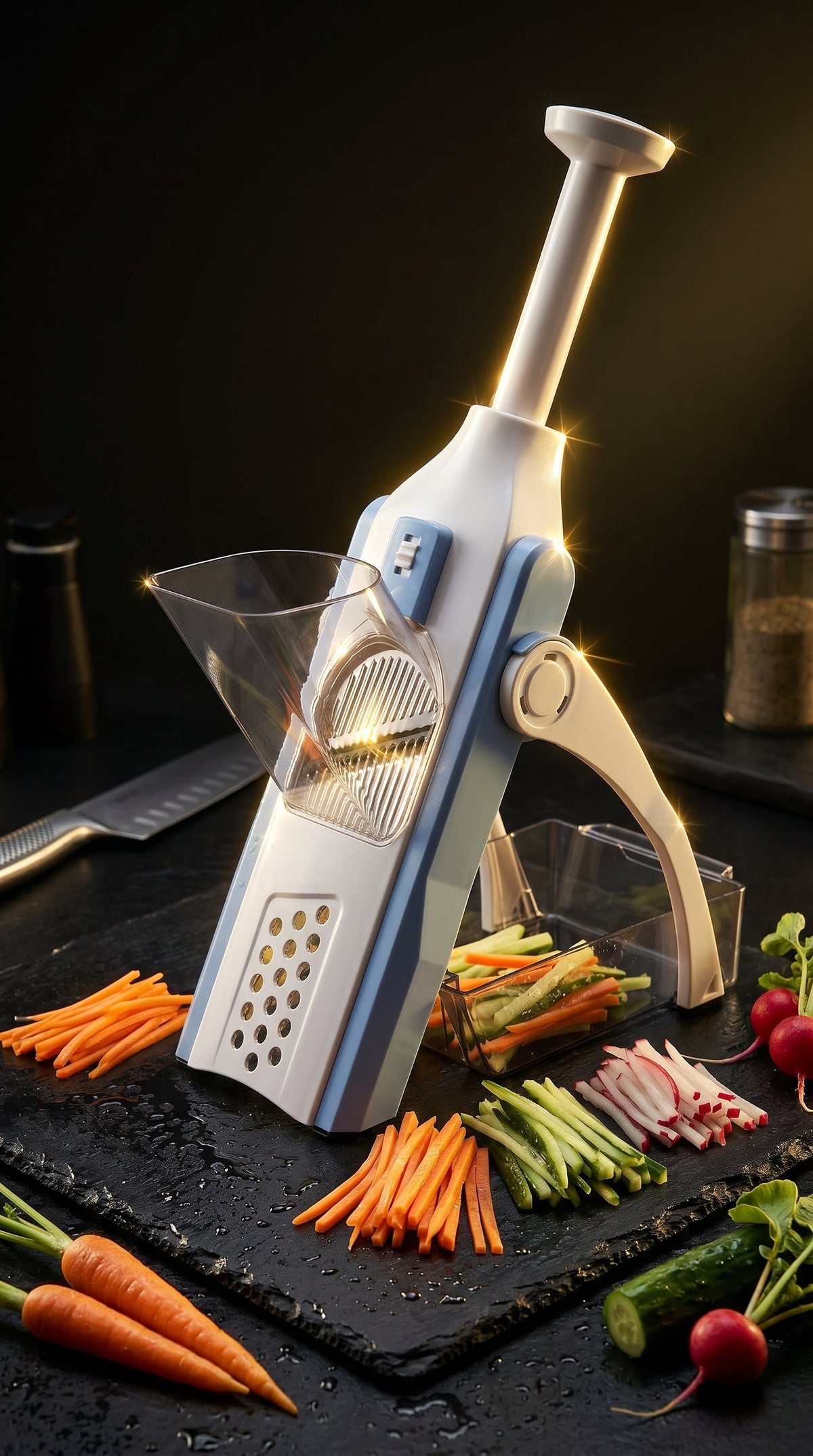 ONCE FOR ALL premium vegetable chopper dark luxury product shot with fresh sliced vegetables