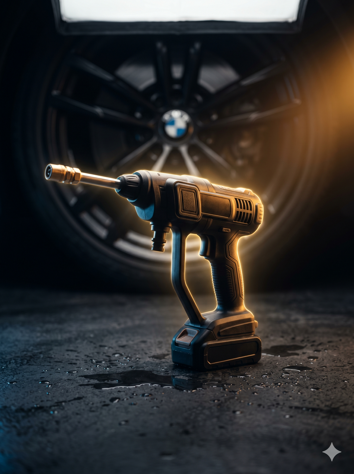 A dramatic, cinematic studio shot of the black battery-operated car wash spray gun illuminated with golden rim lighting, set against a dark luxury car wheel background