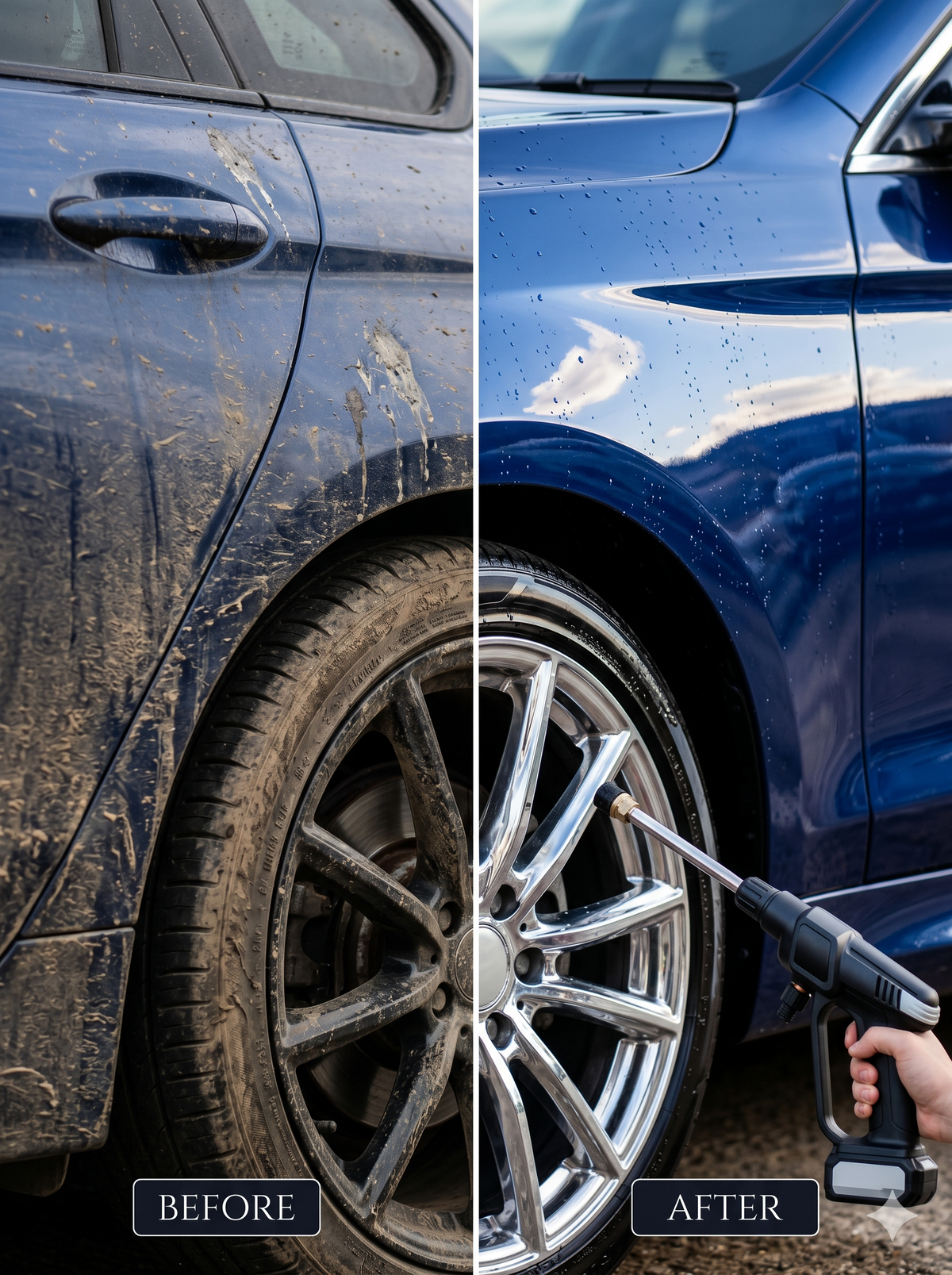 Split screen comparison showing a heavily mud-covered blue car side and tire wheel versus a sparkling clean, shiny car rim being sprayed by a high-pressure portable washer jet.