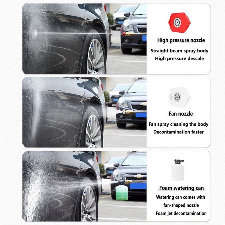 Comparison infographic of three pressure washer attachments cleaning a black car wheel: a red high pressure nozzle for straight beam descaling, a white fan nozzle for faster decontamination, and a foam watering can attachment for foam jet cleaning.