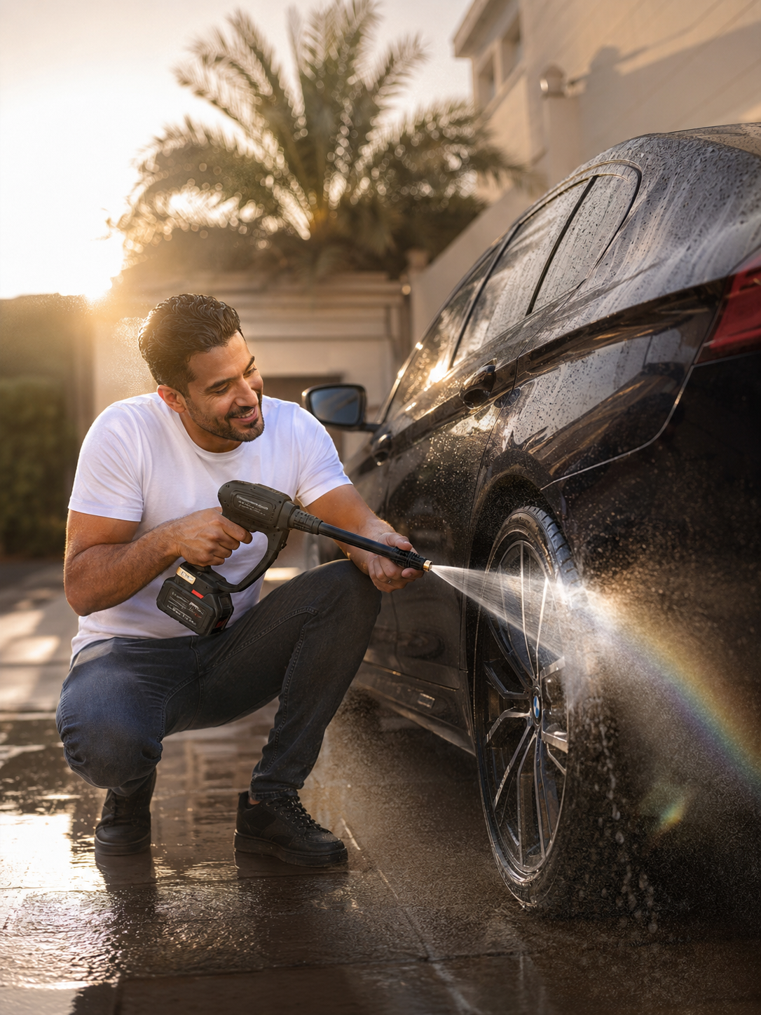 A smiling man washing a black luxury car with a handheld wireless pressure washer gun during sunset, demonstrating lightweight portability and powerful cleaning spray on vehicle wheels